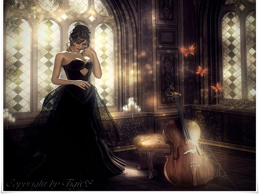 it has been so long, , girl, cello, dress, beauty, music, butterfly, fantasy, abstract, cg HD wallpaper