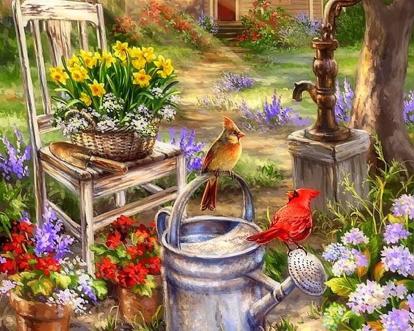Summertime Cardinals, burung, warna, lukisan, kekasih, musim panas, cinta empat musim, hewan, pasangan, alam, bunga, kardinal Wallpaper HD