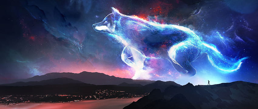 lobo, montañas, fantasía, cielo, arte, arte 2560X1080 fondo de pantalla