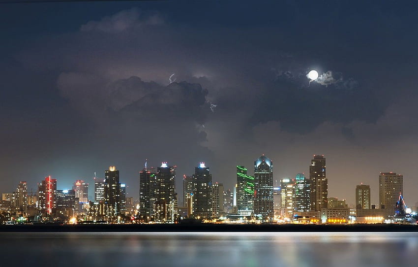 the storm, water, night, clouds, the city, lights, San Diego Skyline HD wallpaper