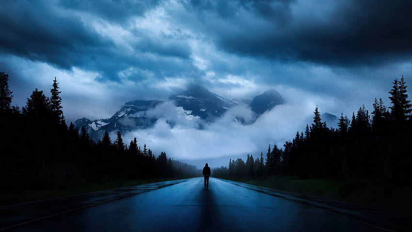 walking alone, road, mountains, silhouette, dark, , , background, ac0894, Dark Forest Road Large HD wallpaper