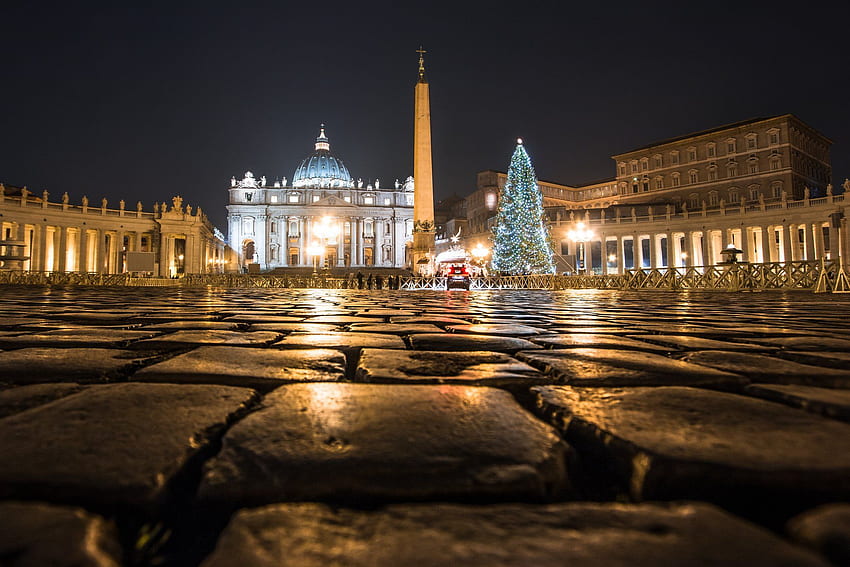 Vatikan Vatikan katedrali gece ışıkları sütunlu ağaç anıt şehir Noel Roma İtalya meydanı. HD duvar kağıdı