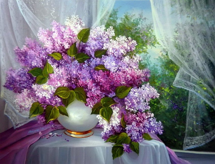 Bouquet of fresh lilac, bouquet, spring, nice, delicate, painting, table, window, art, room, house, vase, veil, beautiful, fresh, still life, leaves, pretty, freshness, view, flowers, lovely, lilac HD wallpaper