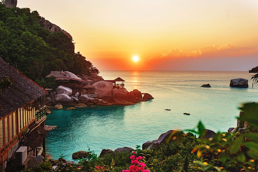 Alam, Matahari Terbenam, Pantai, Cakrawala, Lautan, Vegetasi Wallpaper HD