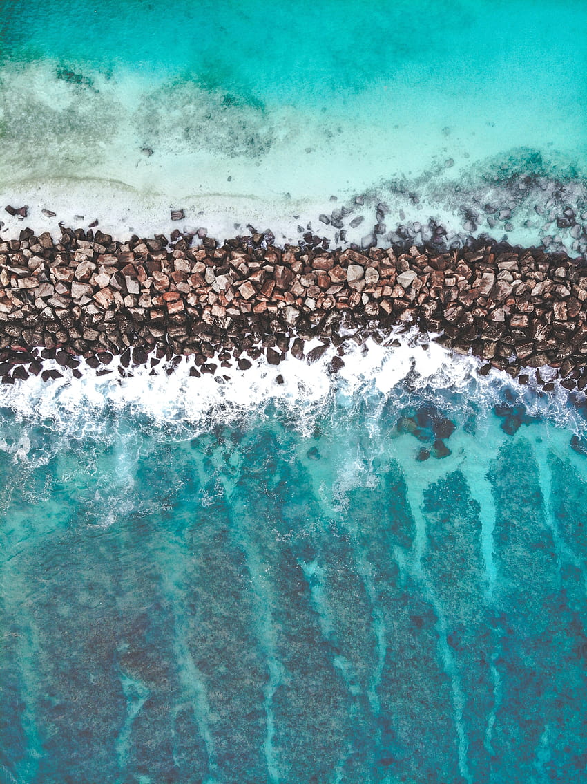 Rocks, divider, heap, coast, sea, aerial view, nature HD phone wallpaper