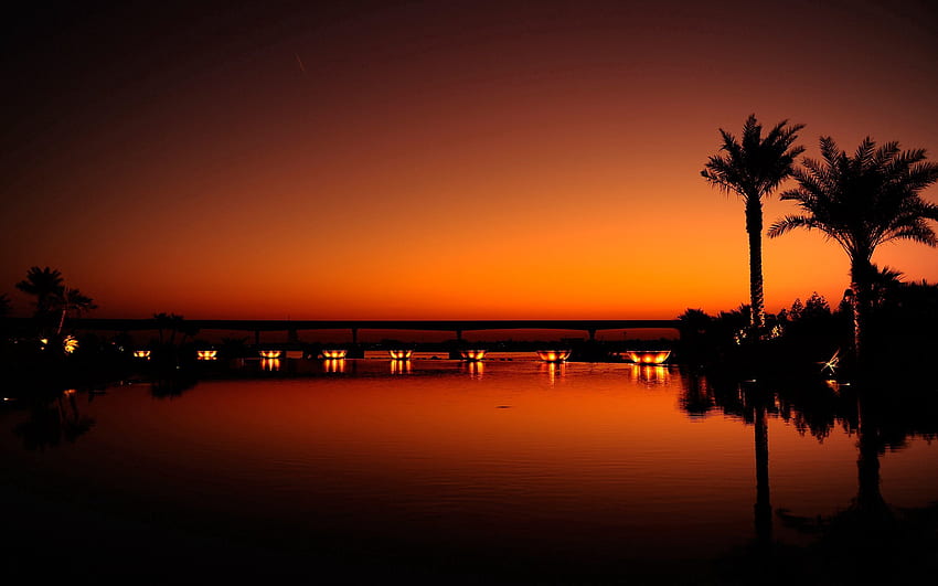 Cities, Water, Sunset, Night, Palms, Reflection, Shine, Light, Dubai, Evening HD wallpaper