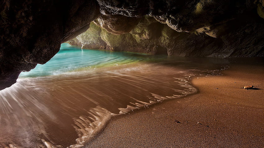 Ocean Waves Inside Rock Cave Beach Sand Nature HD wallpaper