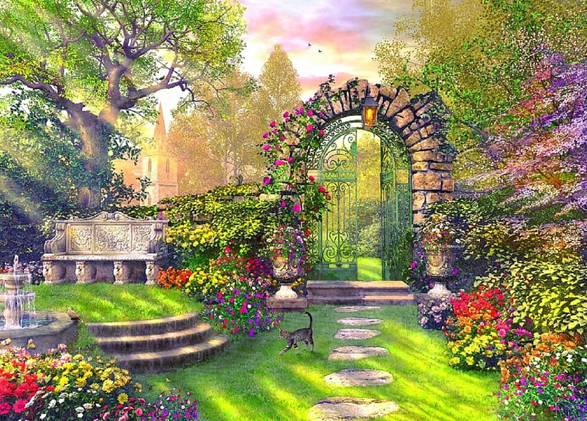 Garden Gate, garden, fantasy garden, painting, gate HD wallpaper