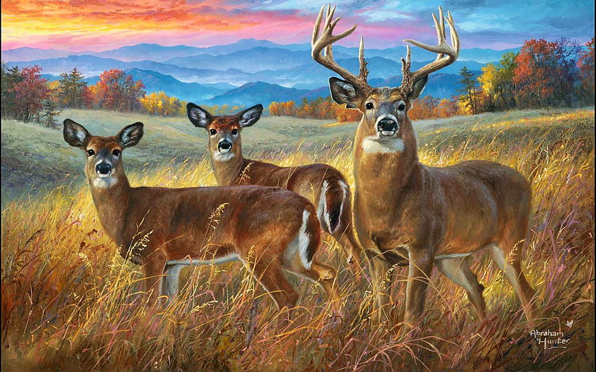 King of his domain, artwork, painting, deer, autumn, landscape, trees, sunset HD wallpaper