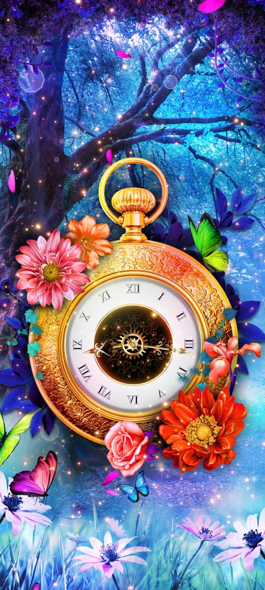 Reloj Fairy Forest, rojo, flores, adorno, mariposa, fantástico, lujo. fondo de pantalla del teléfono