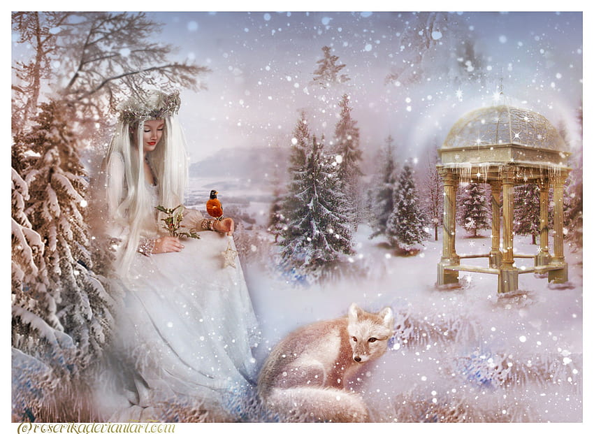 Horario de invierno, invierno, señora, fantasía, nieve, zorro fondo de pantalla
