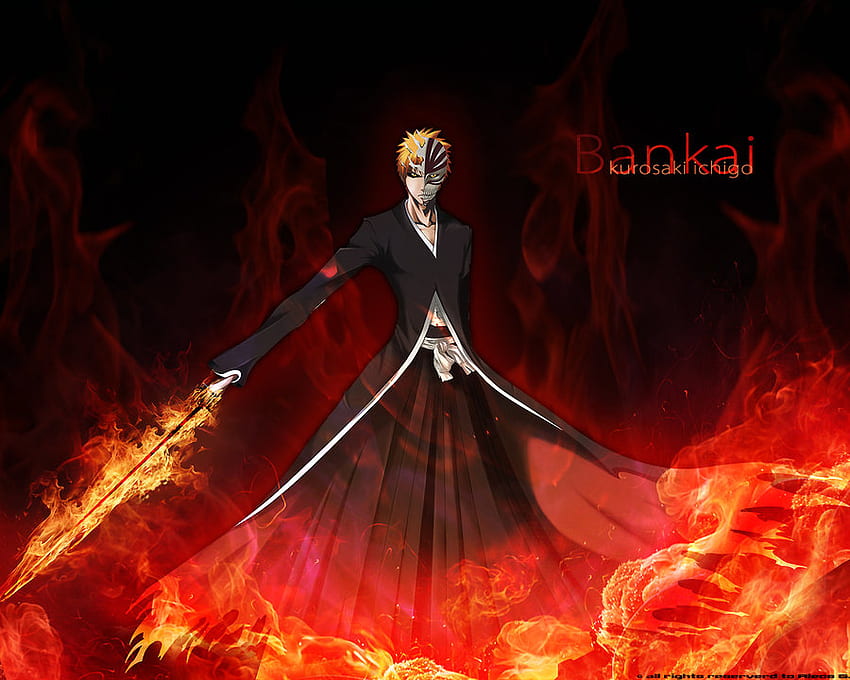 Ichigo Kurosaki, zanpakutou, ichigo, flammes, eau de javel, solitaire, ichigo kurosaki, ichigo creux, mâle, zanpakuto, épée, vizard, armes, bankai, anime, katana, feu Fond d'écran HD