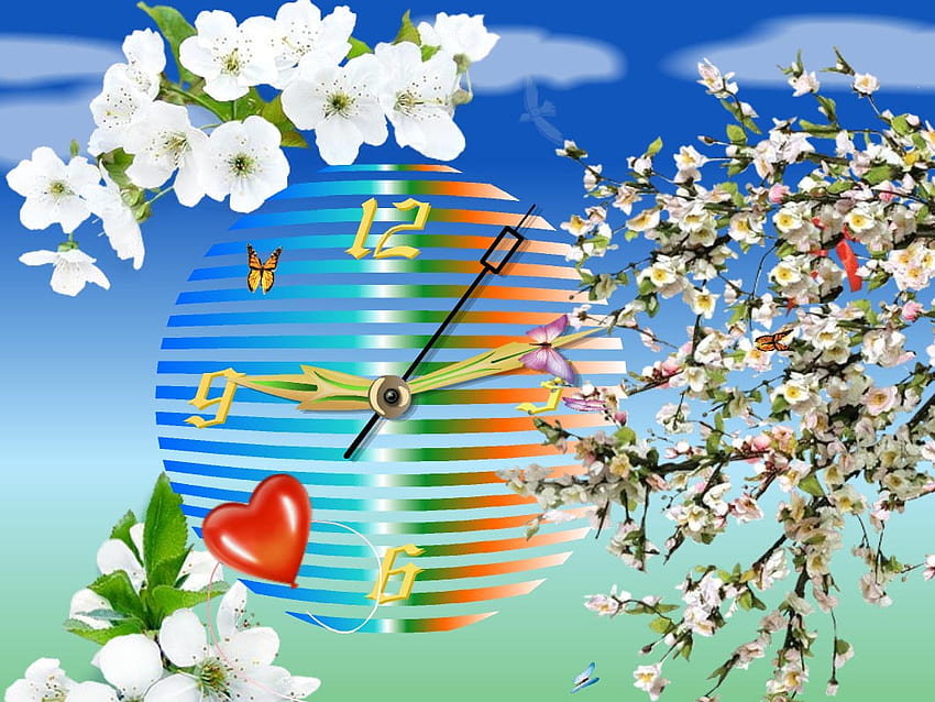 spring time, time, apple, clock, spring, blossom HD wallpaper