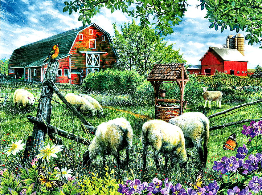 Pleasant Valley Sheep Farm F, celeiro, arte, Prado, bonita, ilustração, obra de arte, tela larga, pintura, borboleta, Ovelha, Flores, animais da fazenda papel de parede HD