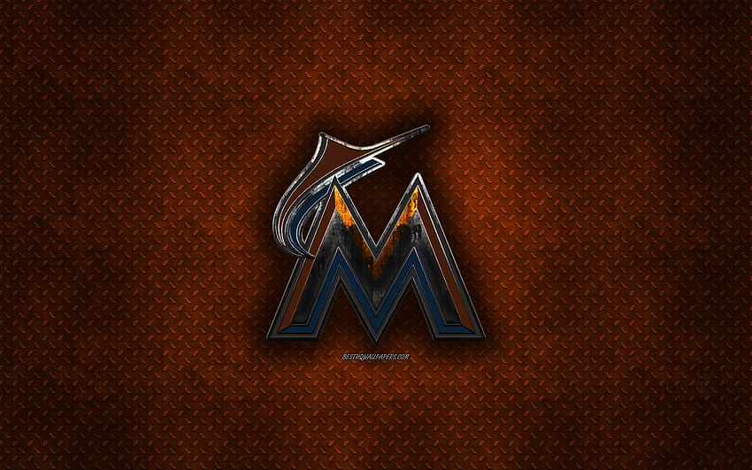 Miami Marlins, club de baseball américain, texture en métal orange, logo en métal, emblème, MLB, Miami, Floride, États-Unis, Major League Baseball, art créatif, baseball pour avec résolution . Haute qualité Fond d'écran HD