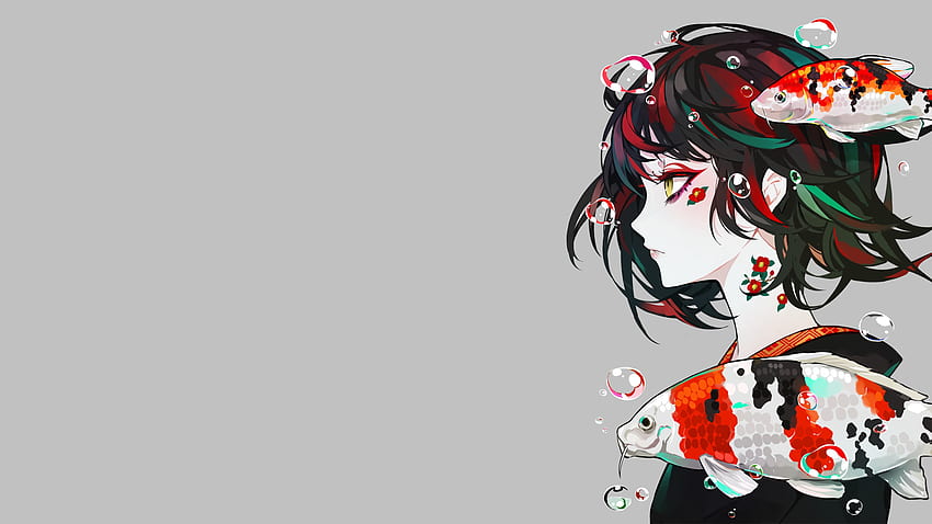 Anime Manga Anime Mädchen Fisch Grau Grauer Hintergrund Einfacher Hintergrund LAM Minimalismus Einfach - Auflösung: HD-Hintergrundbild