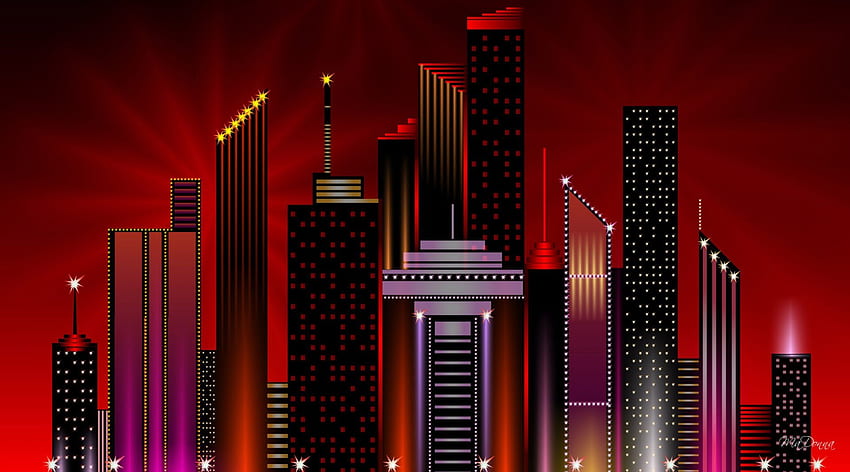Big City Sunset Red, gedung pencakar langit, abstrak, kota, seni, cahaya, merah, pusat kota Wallpaper HD