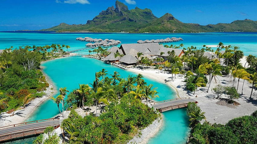 Bora Bora Paradise Island Tahiti Polinésia Francesa, azul, areia, tropical, tahiti, praia, recife, cabanas, vulcânico, bangalôs, oceano, mar, coral, vilas, luxo, exótico, paraíso, aqua, sul, lagoa, francês, montanha, Polinésia, Turquesa, Canais, Atol, Resort, Bora Bora, Polinésia papel de parede HD