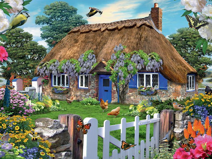 Cottage in Inghilterra, giardino, natura, fiori, cottage, Inghilterra Sfondo HD