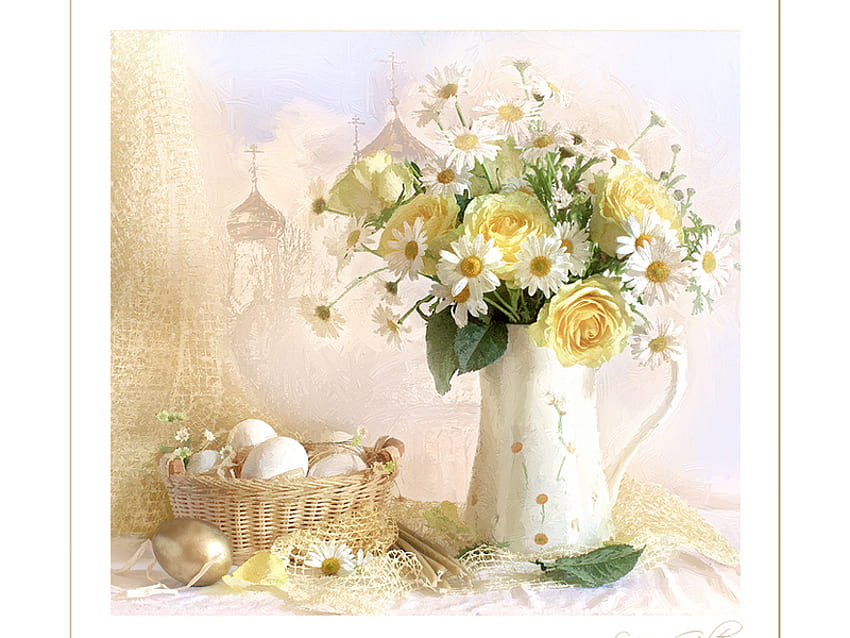 Easter still life, white, vase, beautiful, eggs, basket, still life, yellow, flowers, easter HD wallpaper