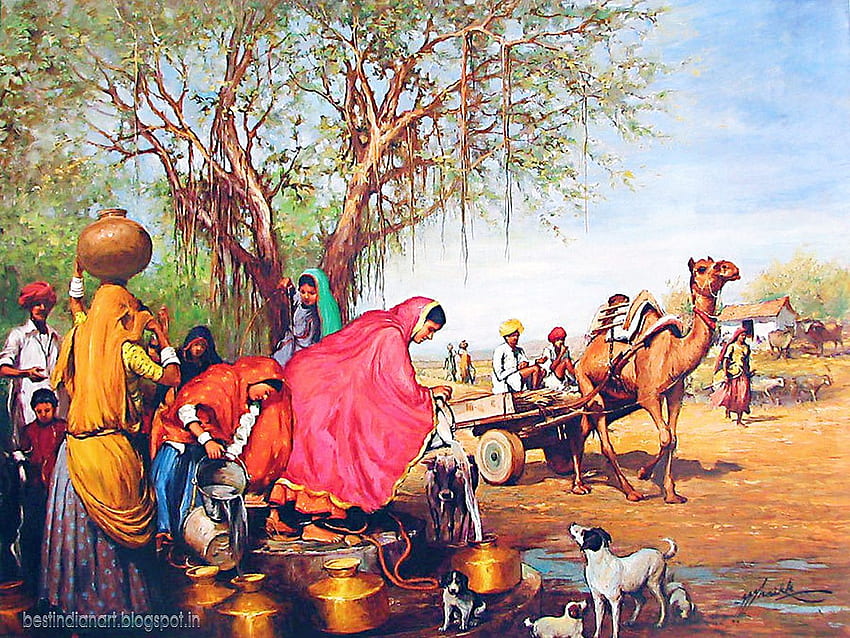ラジャスタン村 インドからの素敵な絵。 最高のインディアンアート 高画質の壁紙