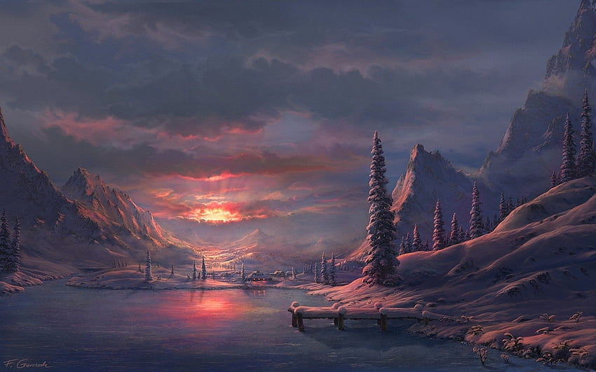산, 일몰, 삽화, 건축물, , 눈 일출, 하늘, For iPhone, 겨울왕국, 구름, 풍경, 미술, 겨울, Natur - The HD 월페이퍼