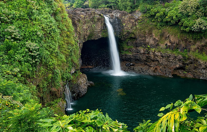 greens, rock, tropics, stones, waterfall, Hawaii, Hilo, Wailuku River State Park for , section природа, Hawaii Waterfalls HD wallpaper