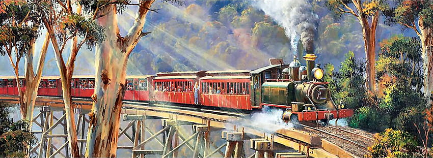 Puffing Billy - Train F, изкуство, двигател, влак, красива, илюстрация, произведение на изкуството, широк екран, , релси, локомотив, железопътна линия HD тапет