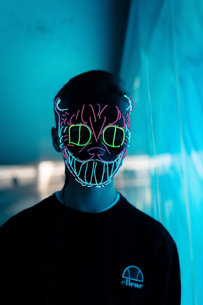 man wearing cat neon light mask – Wiesbaden hauptbahnhof, Neon Face Mask HD phone wallpaper