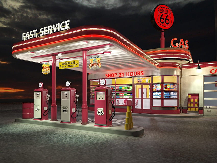 3D jour nuit, Vintage Gas Station Fond d'écran HD