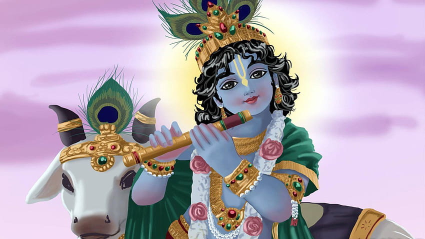 암소와 작은 크리슈나. 힌두교 신과 여신 HD 월페이퍼