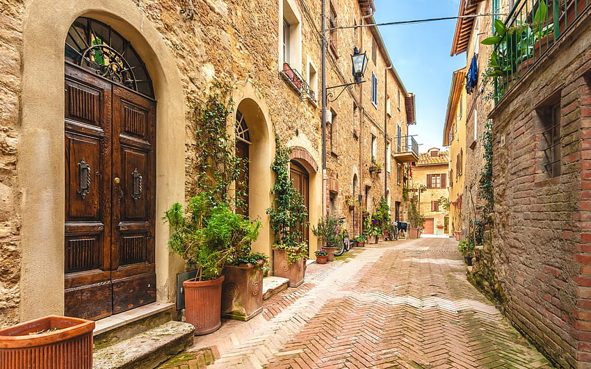 シエナ、古い家、夏、白い石、通り、トスカーナ、イタリアの解像度を持つ. 高品質 高画質の壁紙