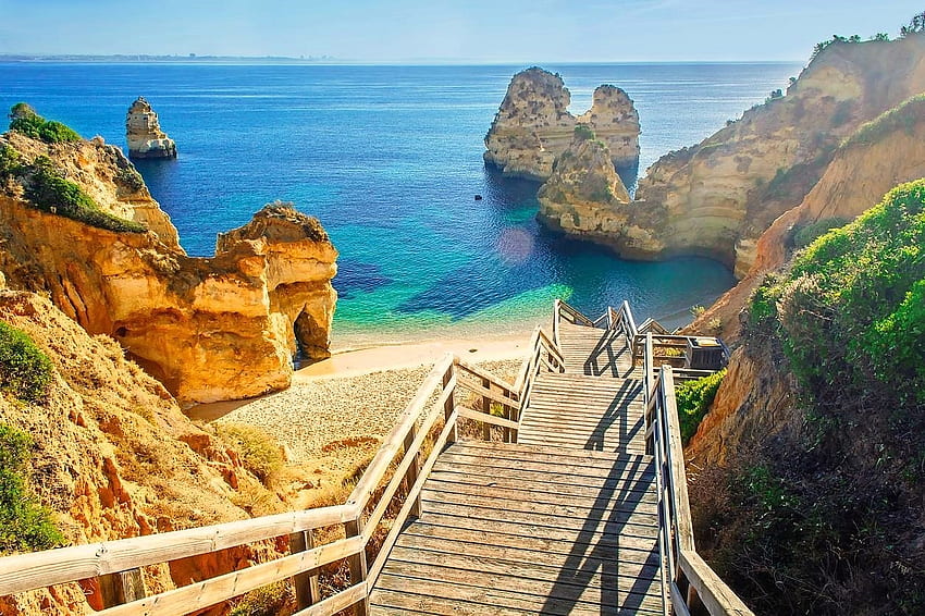 ラゴス - ポルトガル、湾、崖、ポルトガル、木製の階段 高画質の壁紙