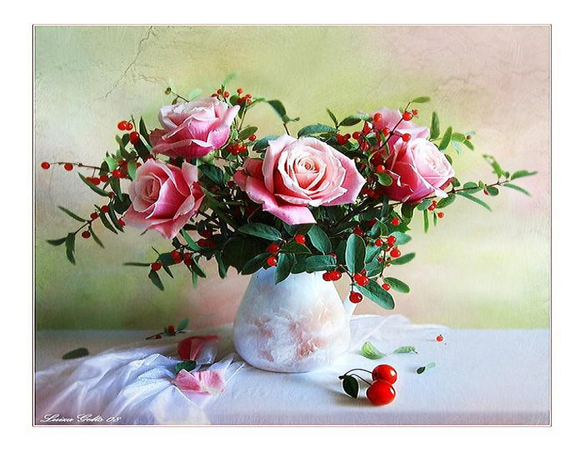 Roses and cherries- still life, table, pink, green leaves, roses, cherries, red, floral, vase HD wallpaper