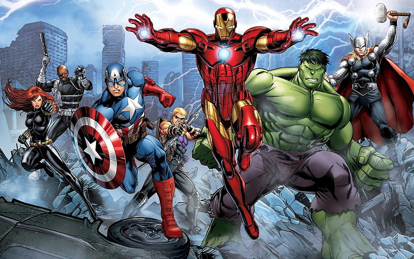 The_Avengers Iron_Man Hulk Hawkeye Thor Captain_America Nick_Fury Black_Widow Lightning Marve. Yenilmezler Çizgi Filmi, Marvel Çizgi Romanları, Yenilmezler HD duvar kağıdı