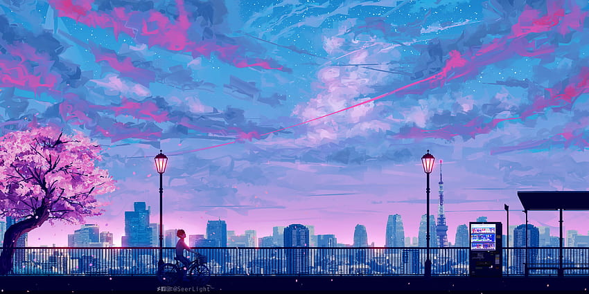 Blue and pink sky painting, illustration, city, anime, Painted Sky HD wallpaper