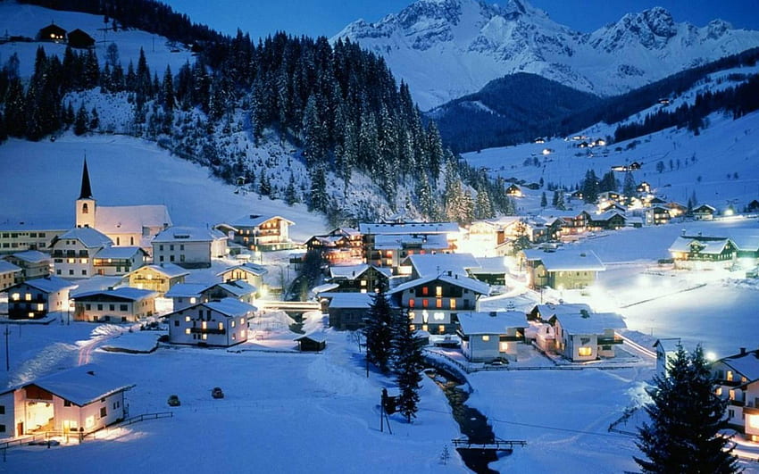 Bela vila alpina à noite - Vila alpina à noite - papel de parede HD