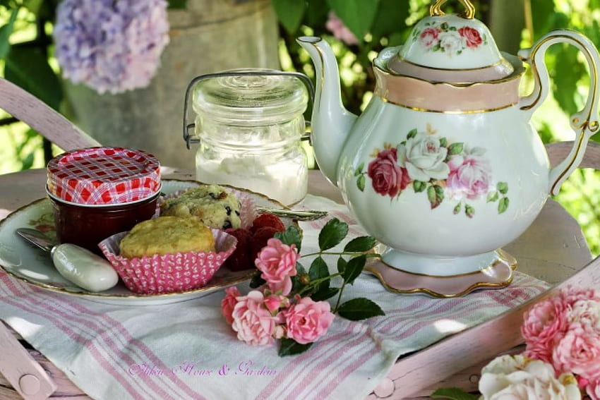 Красив ден, сладко, време за чай, графика, рози, следобед, красиво, лято, роза, розово, желе, свещ, цветя, конфитюр, чайник HD тапет