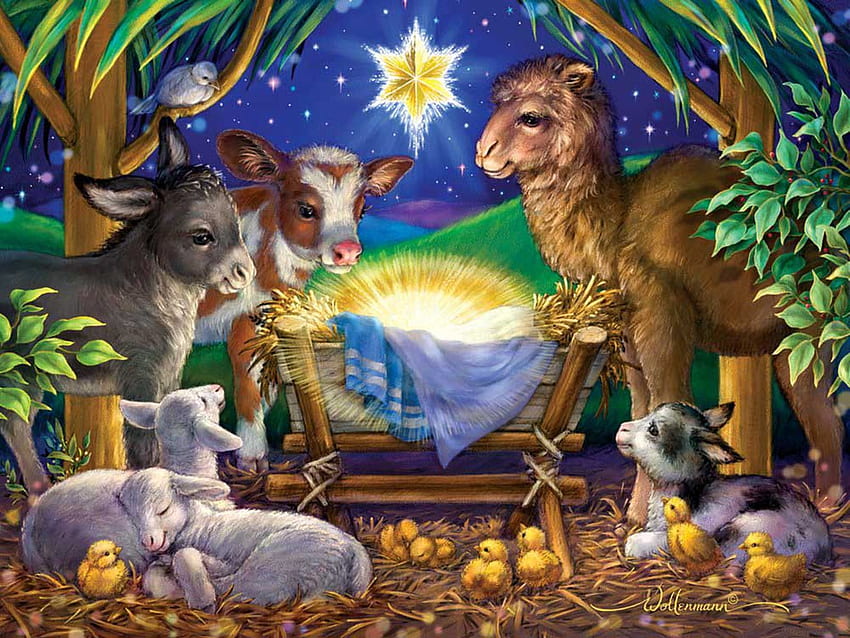 A Child is Born, stable, camel, animals, sheep, donkey, cow, chicken, star, artwork, painting HD wallpaper