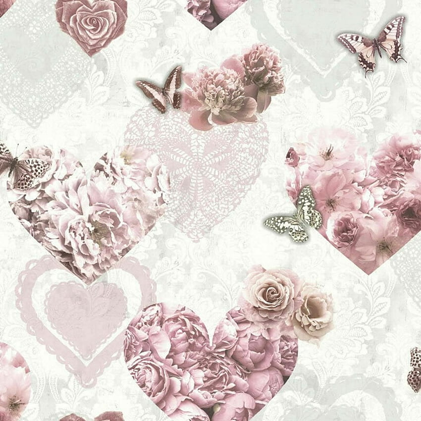Arthouse Floral Glitter Borboleta Amor Corações Quarto Meninas Rosa Branco 692802, Coração Rosa Dourado Papel de parede de celular HD