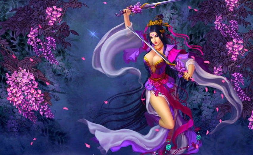 Fantasy girl, sword, fantasy, flowers, woman, warrior HD wallpaper