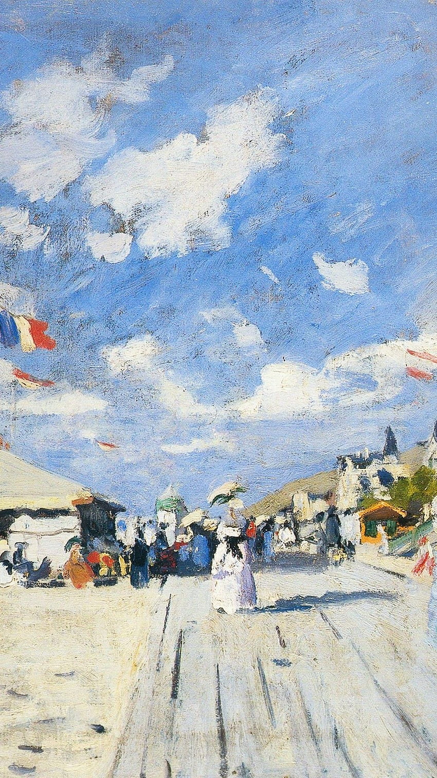 Claude Monet: The boardwalk on the beach at Trouville HD phone wallpaper