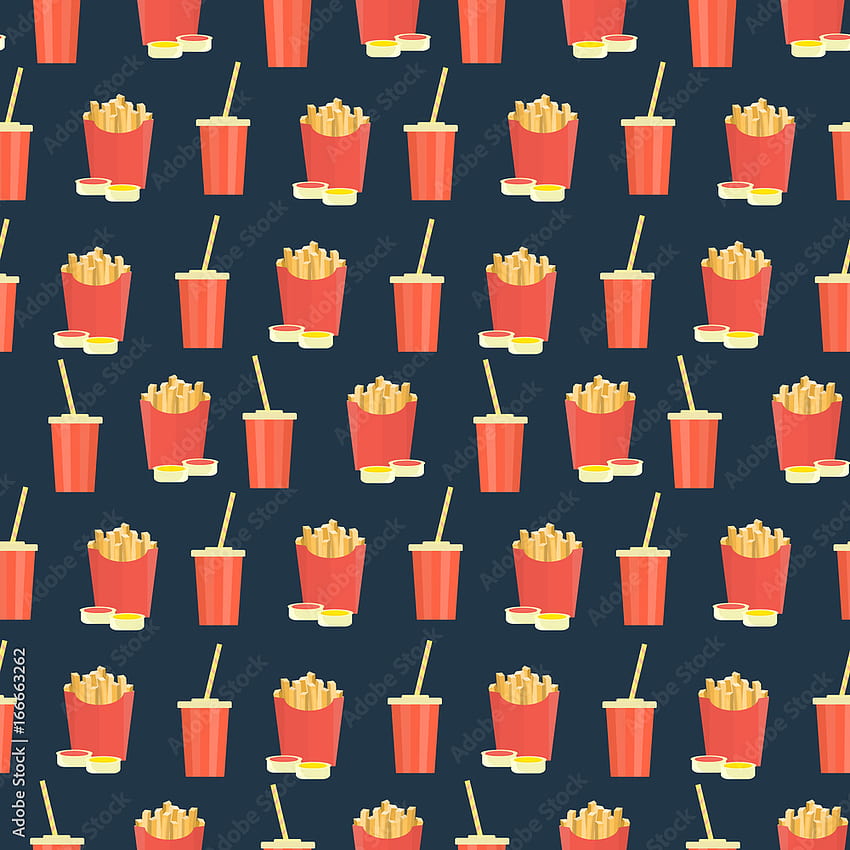 Seamless pattern with cola and french fries on dark background. Cute fast food texture for textile, cafe and bar covers, banners, wrapping paper, , menu design Stock Vector, Cute French Fries HD phone wallpaper