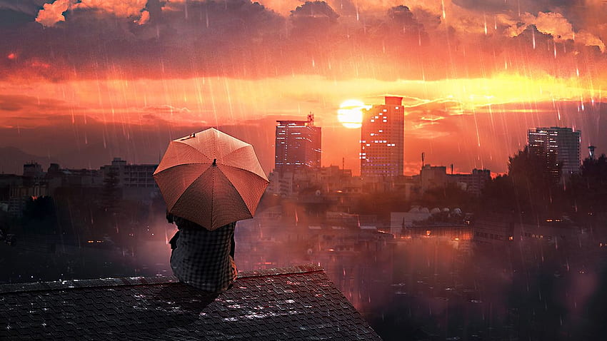 屋根, 雨, 傘, 夜, 空, 孤独, 孤独, , Rainy Umbrella 高画質の壁紙