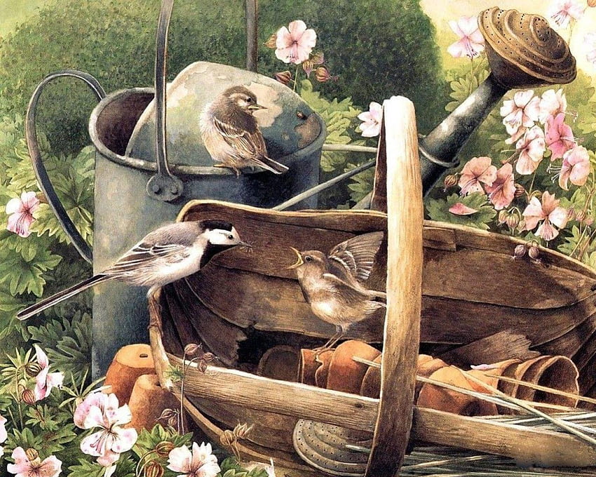Bird's and a Basket, beak, wings, birds, feathers, bird, art, small, basket, painting, watering can, fly, folwers HD wallpaper
