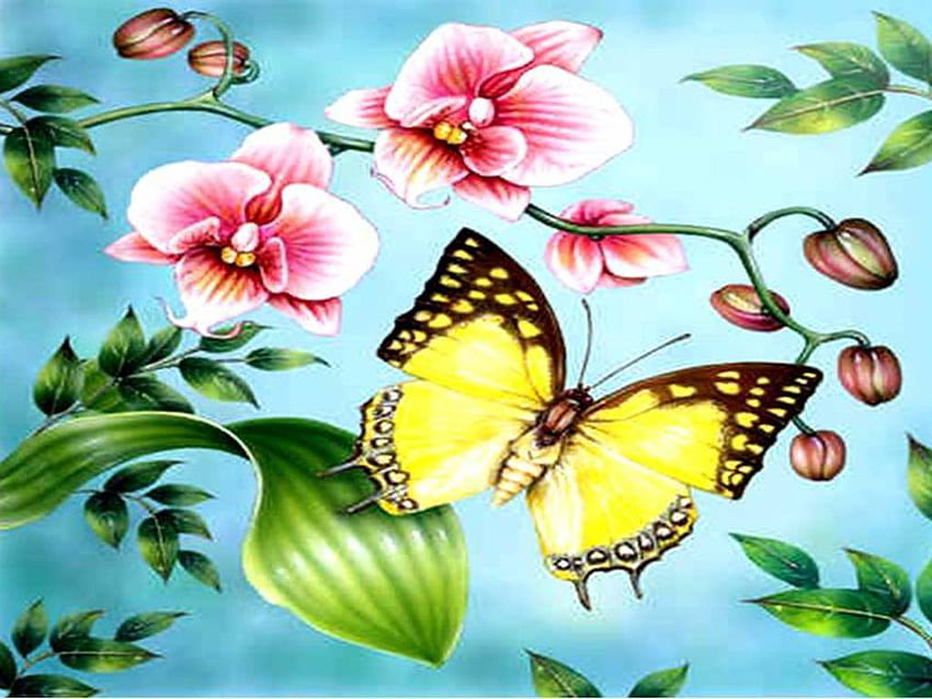 Wiosna Motyle, liście, kwiaty, motyl, wiosna Tapeta HD