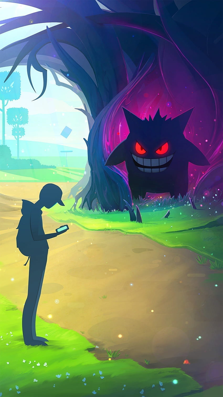 A trainer checks his Nearby radar while Gengar emerges, eyes glowing red, from the ghostly bowels of an ancient PokÃ©mon tree. HD phone wallpaper