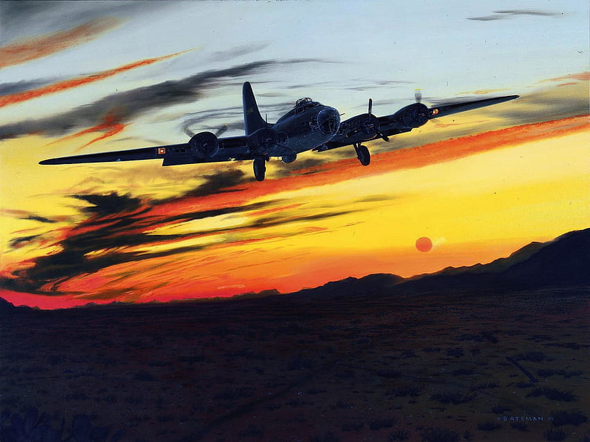 Sunset Return, clássico, pintura, avião, B-17, arte, bombardeiro, Segunda Guerra Mundial, voando, guerra, desenhando, avião, Antiguidade, Segunda Guerra Mundial, mundo, B17, Boeing, fortaleza papel de parede HD