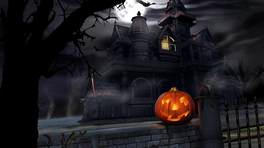 halloween, pumpkin, lantern, house, darkness, gloom 16:9 background, 1600 X 900 Halloween HD wallpaper