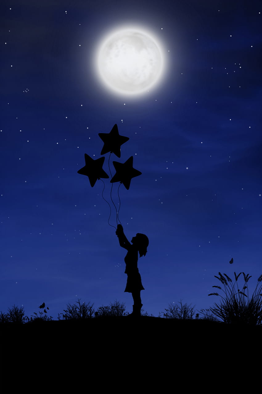 of , moon, night, girl, balloons - from, Moonlight Night HD phone wallpaper